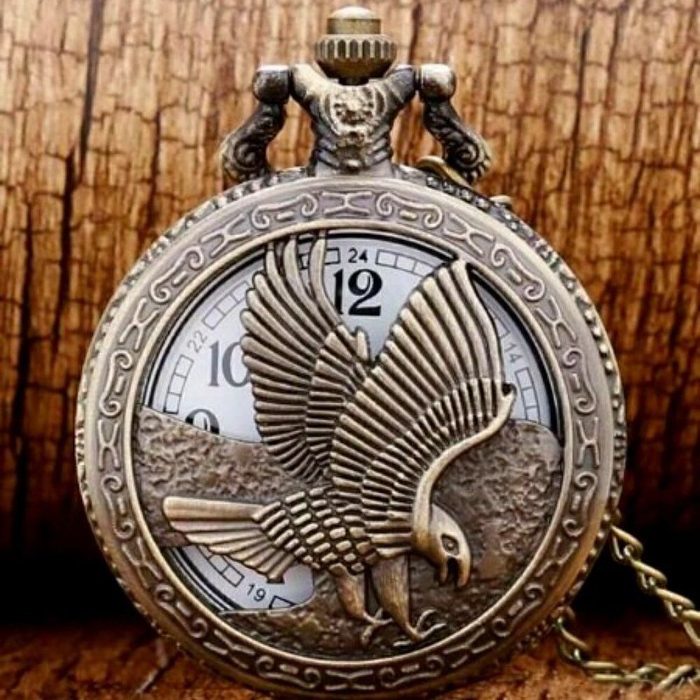 ANTIQUE BRONZE EAGLE LOCKET NECKLACE/POCKET QUARTZ WATCH